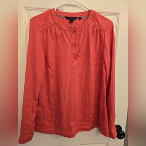 100% Linen Boden Coral Long Sleeve Blouse With Henley Buttons, Classic, Summer